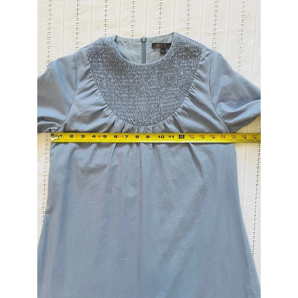 Mila Light Blue Smocked Long Sleeve Tiered‎ MIDI Dress. Size XS. Linen Blend.